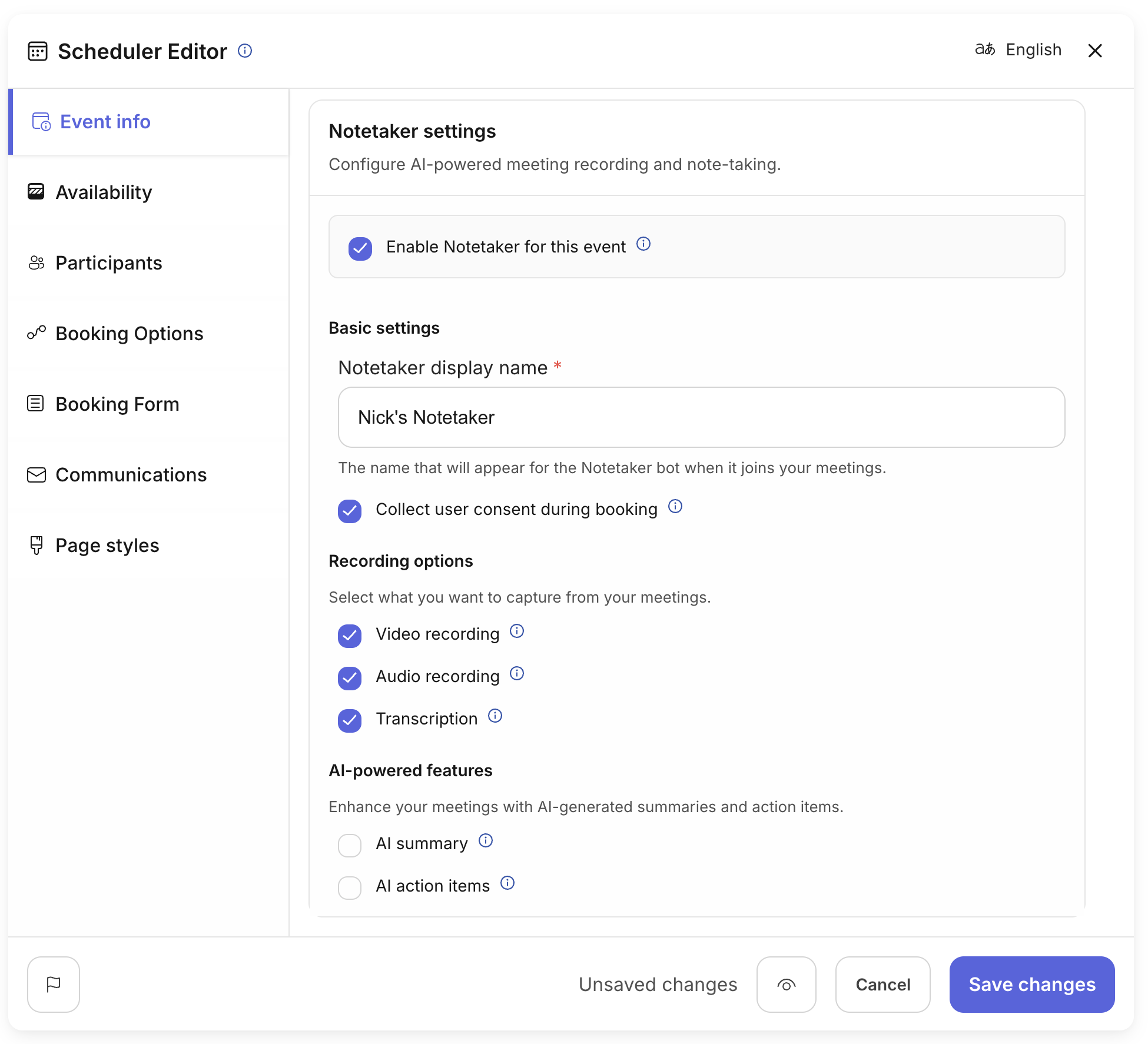 The Scheduler Editor UI displaying Notetaker settings configuration options.